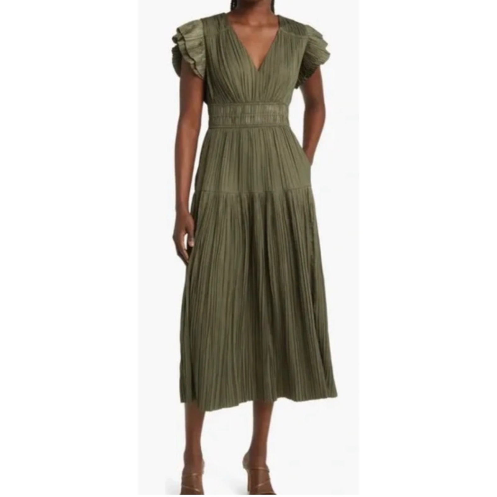 Moon River Olive Green Pleated Flutter Sleeve Tiered Midi Dress Nwt Size Large